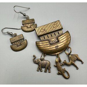 Noah’s Ark Jewelry Set Brooch Earrings Brass Tone Animal Dangle Charms